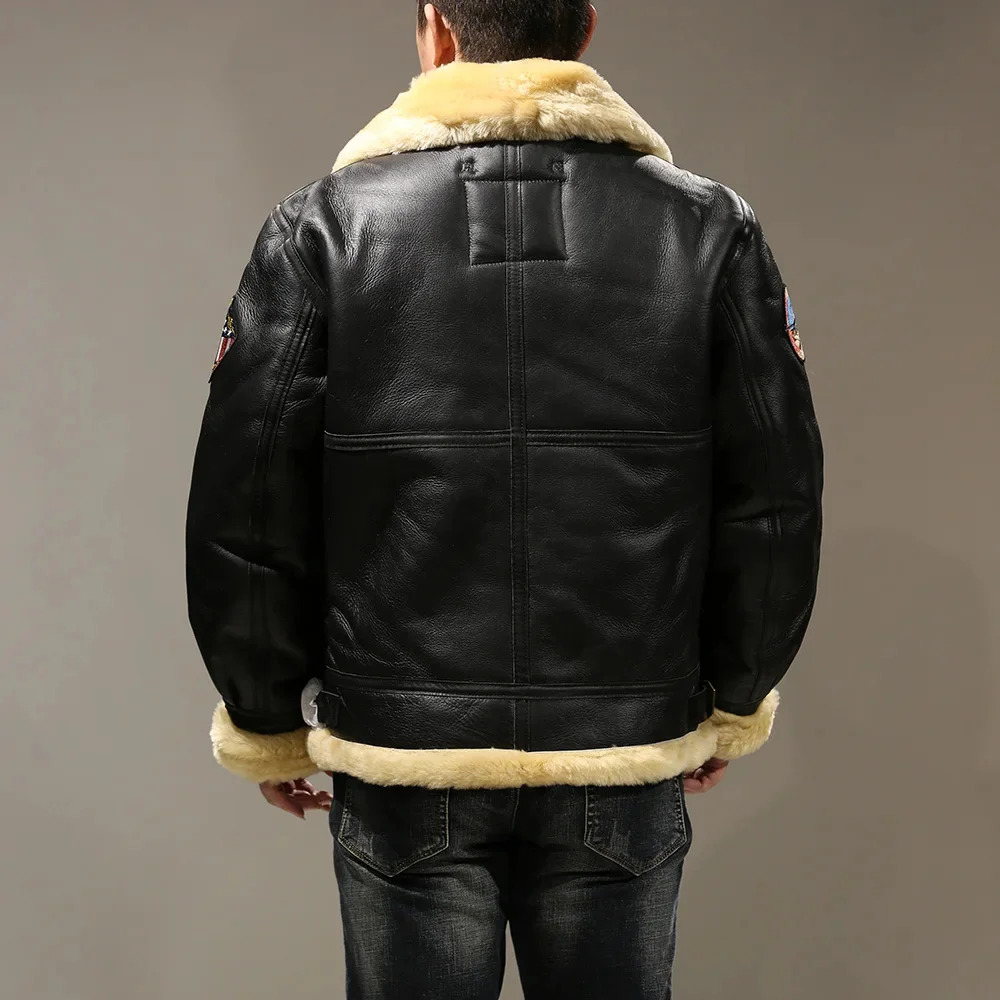 Description Picture 3 of itemB31850 European Size High Quality Super Warm Genuine Sheep Leather Coat Mens Big B3 Shearling Bomber Military Fur Jacket