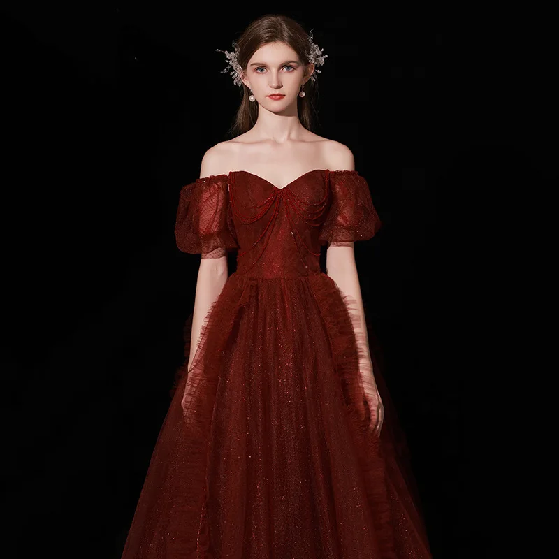 

2023 Women Burgundy Off Shoulder Beading Wedding Dresses Elegant Long A-line Tulle Formal Gowns robe de soiree