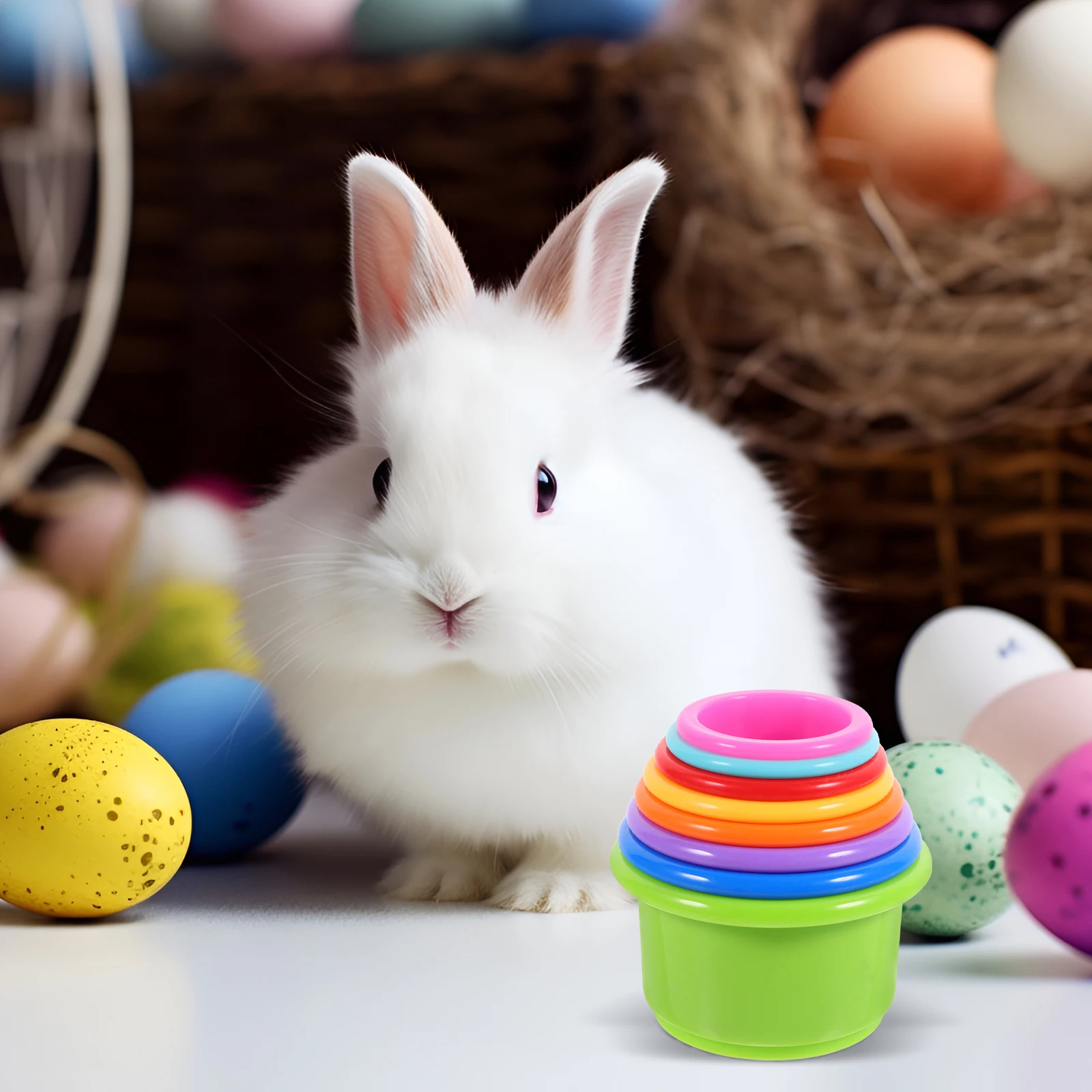 Stacking Cups For Rabbits Multi-Colored Reusable Rabbit Food Pet Bunny Stacking Cup Toy for Food Hiding Playing Accessories 8pcs