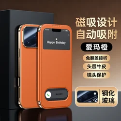 Luxury Genuine Leather Flip Cover with Magnetic Closure and Window View Phone Case - iPhone 17 Pro (DLY45 Orange)