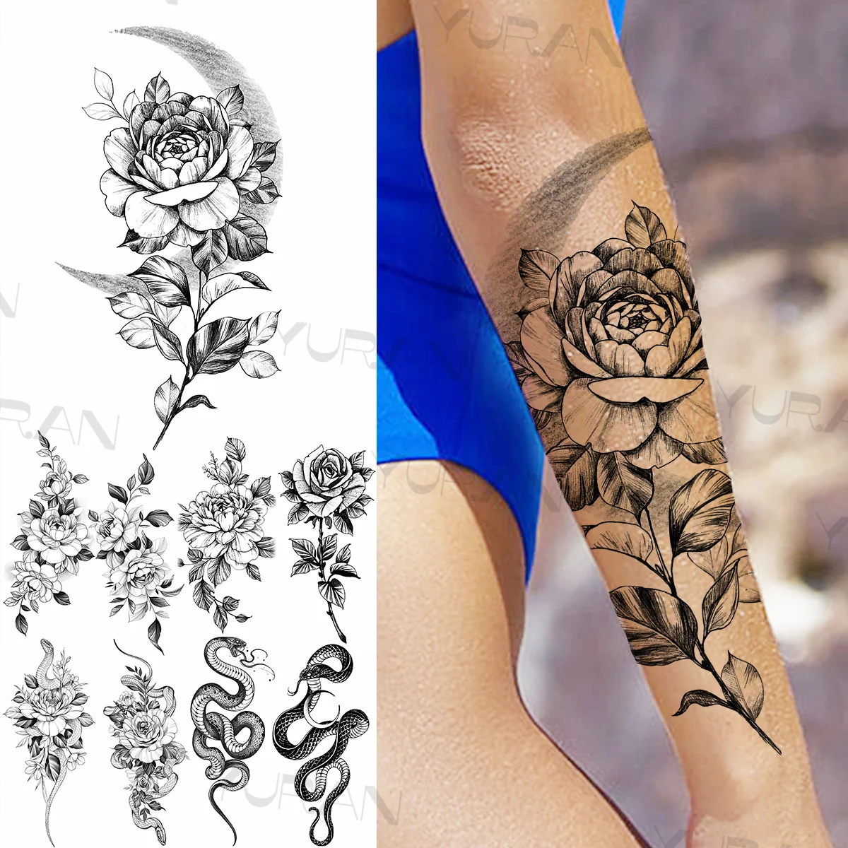 

Large Rose Flower Temporary Tattoos For Women Girls Realistic Moon Flora Snake Fake Tattoo Sticker Sexy Forearm Waist Tatoos