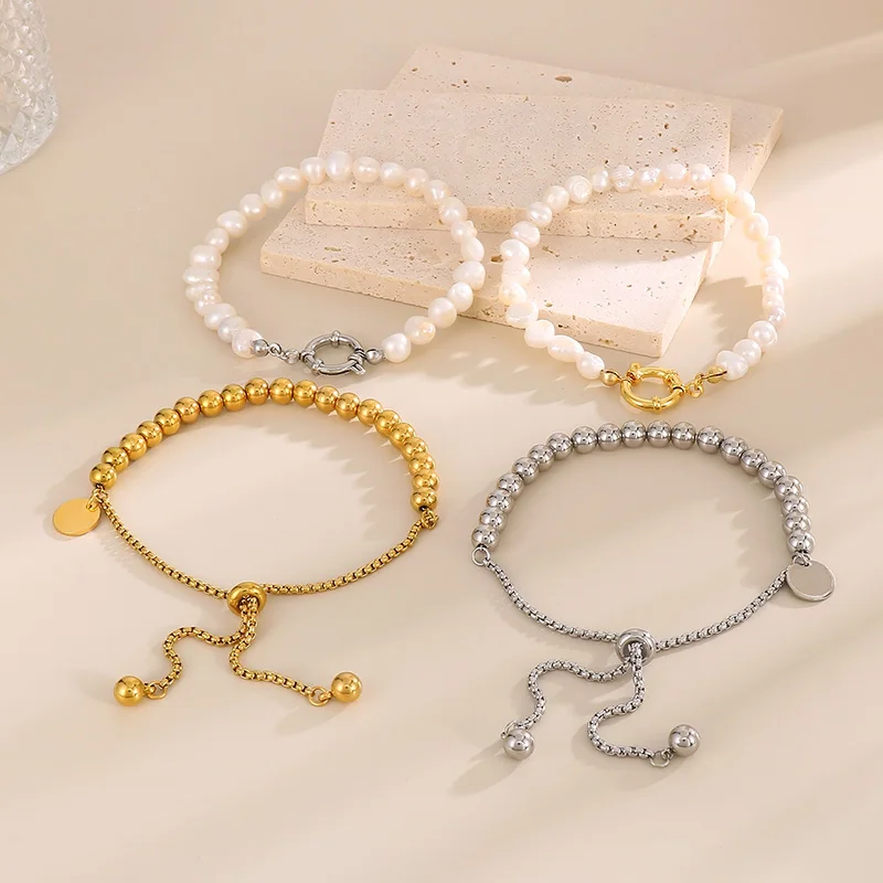 

Elegant Imitation Pearl Chain Bracelet For Women Gold Silver Color Stainless Steel Charm Beaded Bangles Female Luxury Jewelry