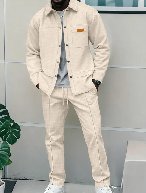 Nouvel ensemble décontracté 2 pièces pour homme 2026 – Survêtement d'automne en tricot gaufré couleur unie avec veste à col revers boutonnée et poches, et pantalon long 1