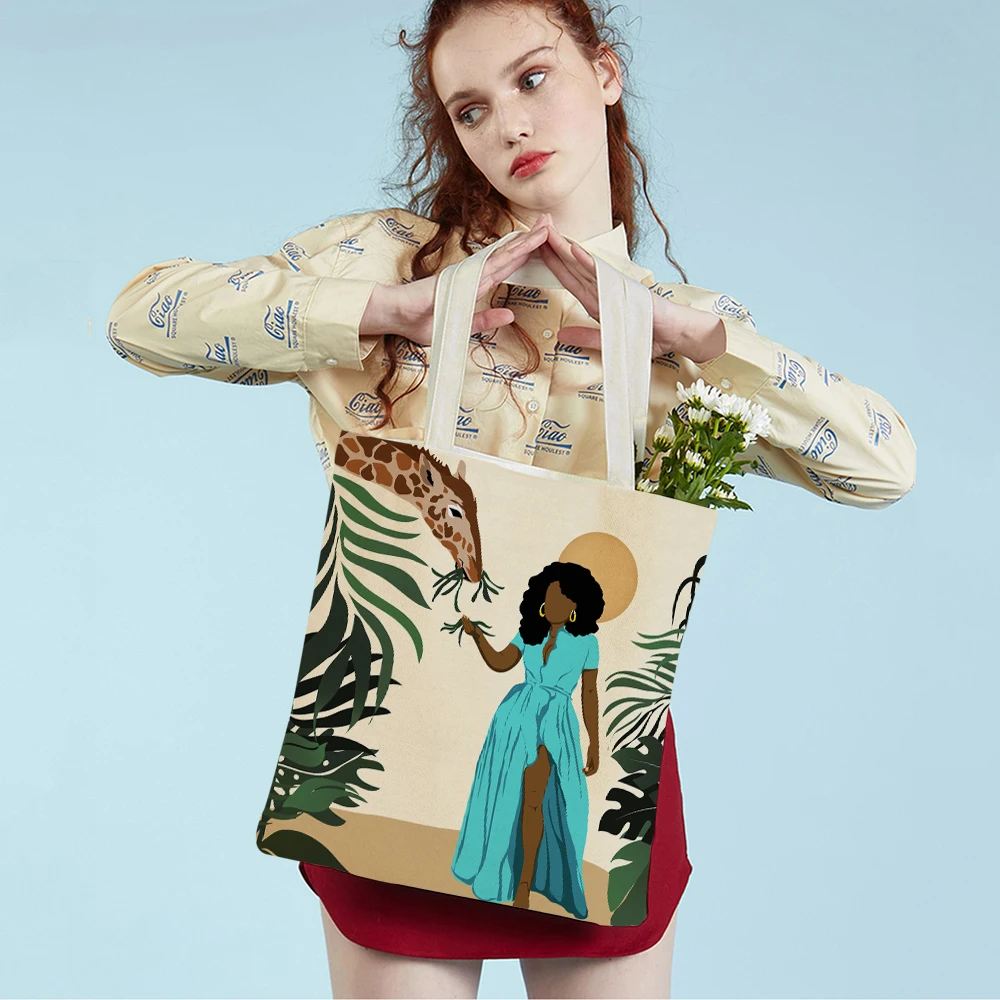 

Африканская Женская Холщовая Сумка-тоут с принтом, модная мультяшная Красивая Черная Женская сумка для девушек, искусство, складная многоразовая сумка через плечо для покупок