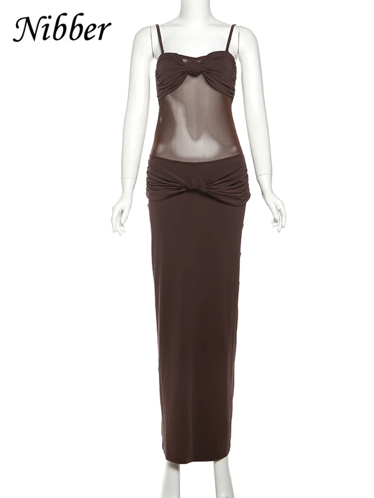 Nibber Mesh Patchwork Sexy Dress Women Y2K Ruched Knot Chest Wrap Sleeveless Skinny Stretch Chic Summer Trend Elegant Vestidos