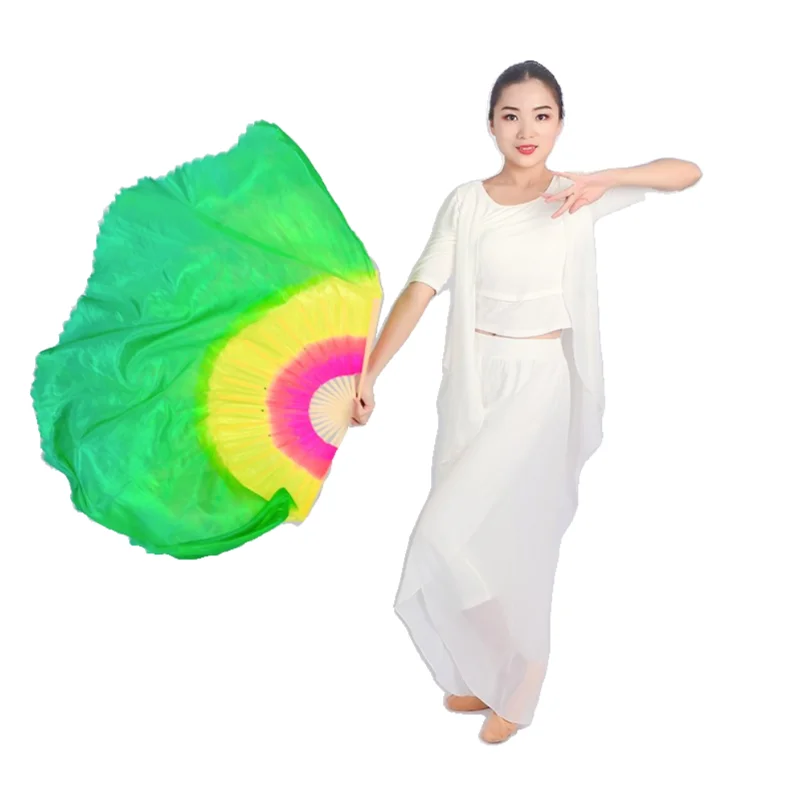1 Pair Short Folding Fans Chinese Belly Colorful Gradient Bamboo Silk Veil Half Circle Yangko Dance Performance Hand Fans Props