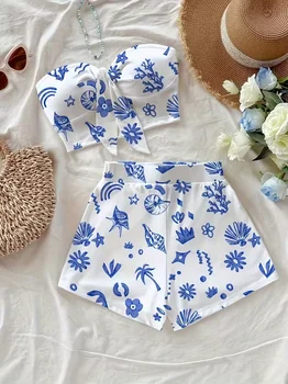 Women's summer casual beach vacation style twisted front top and shorts two-piece set 1