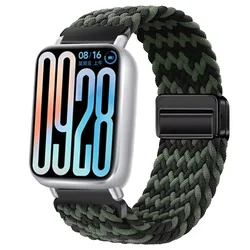 Breathable Nylon Strap with Braided Magnetic Buckle - Adjustable Wristband for Mi Band 8-9 Pro (Black green)