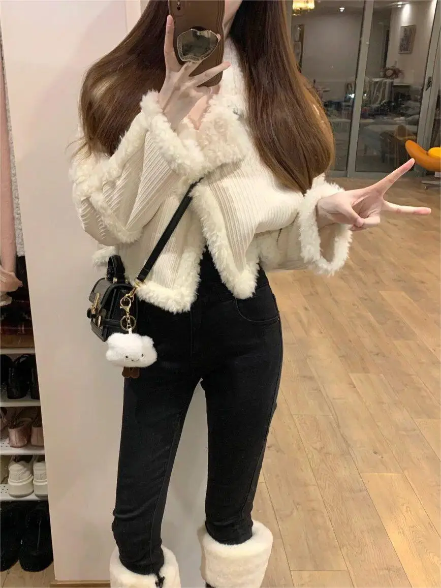 ストリートジャケット女性のファッションラムウールパッチワーク 