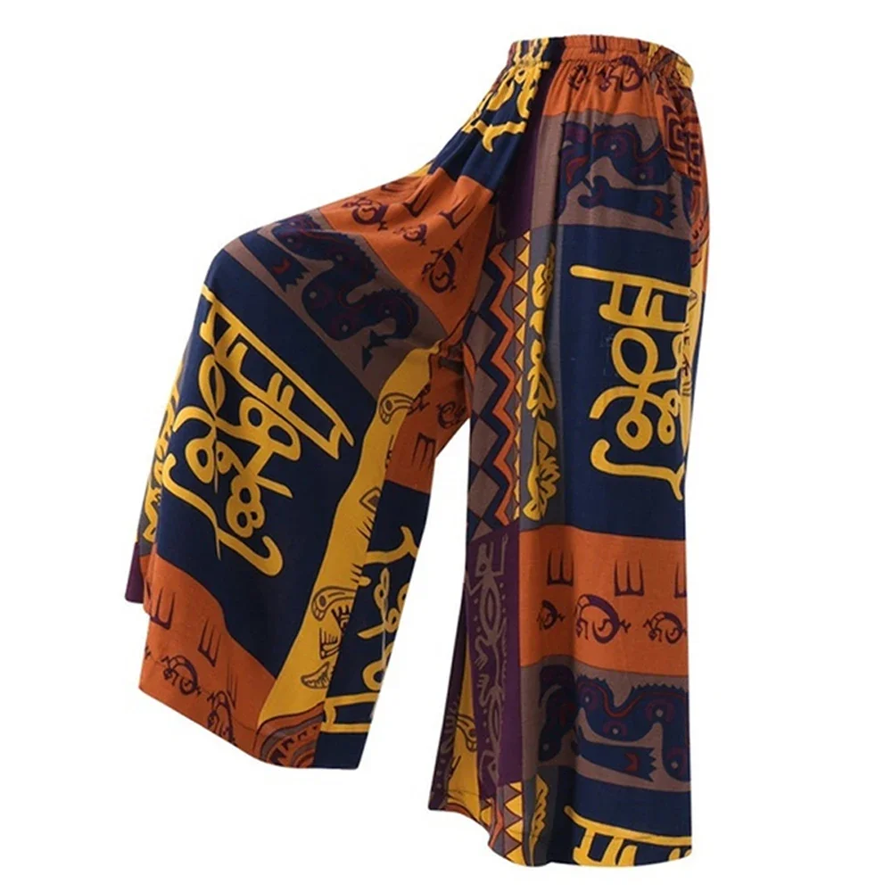 Vintage Linen Elastic Waist Wide Leg Pants Ethnic Print Women Long Trousers Summer Casual Loose Pants Female Boho Clothes