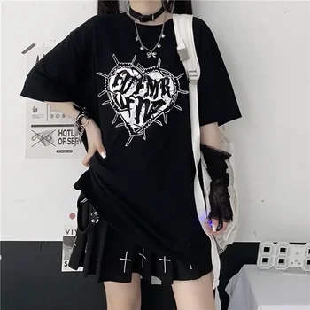 Y2k Fashion Goth Vintage Print T-shirt Women Harajuku Streetwear Dark Gothic Emo Alt Short Sleeve O-neck Loose Black Tee Tops 1