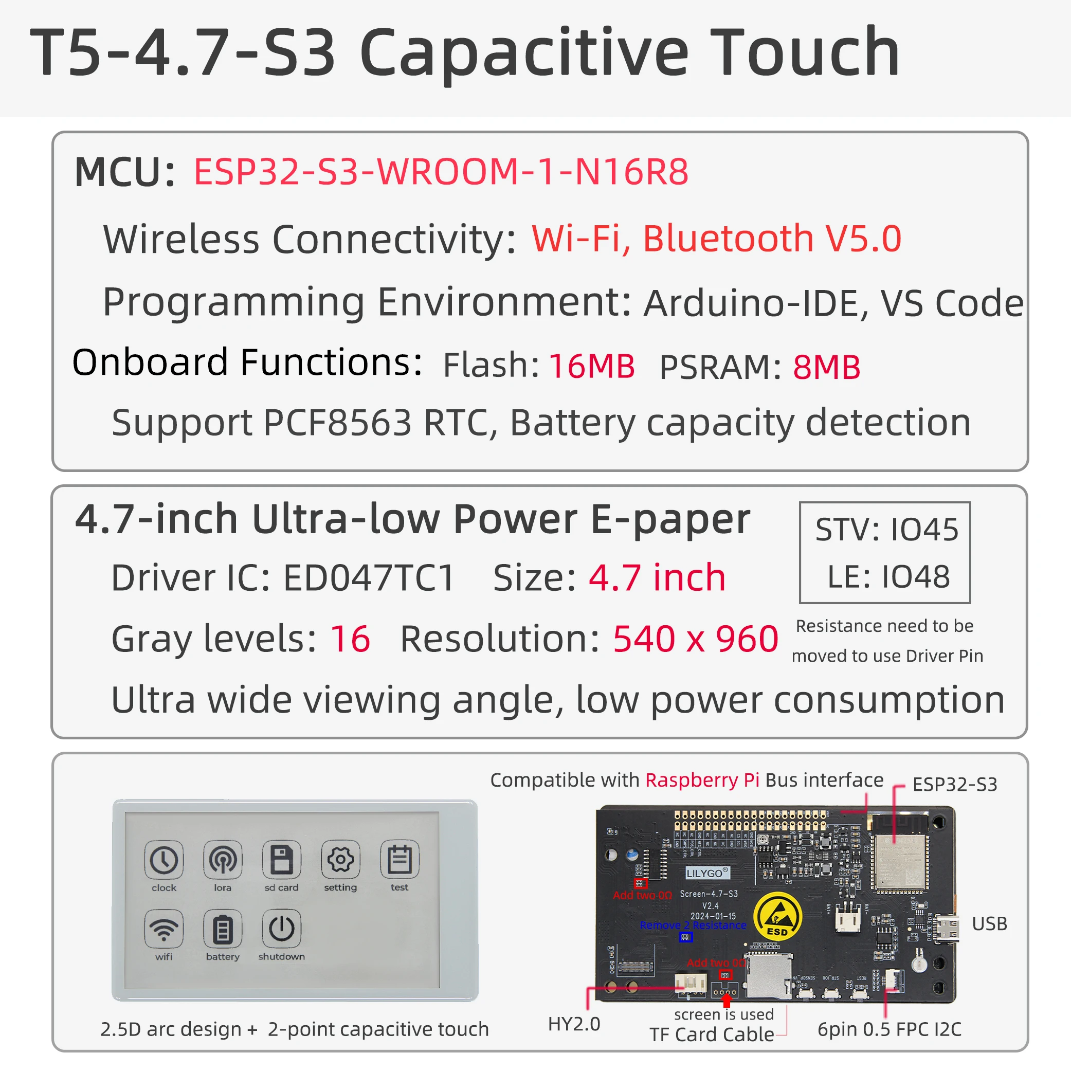 ® T5 4.7 Inch E-paper V2.3 ESP32-S3 Development Driver Board Display Module Supp