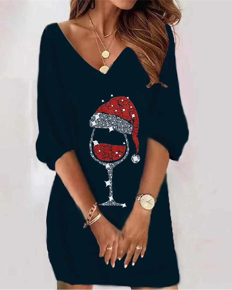 

Sexy Women V Neck Daily Wear Fashion Elegant Christmas Wine Glass Print Half Sleeve Straight Dress Mini Casual Dress