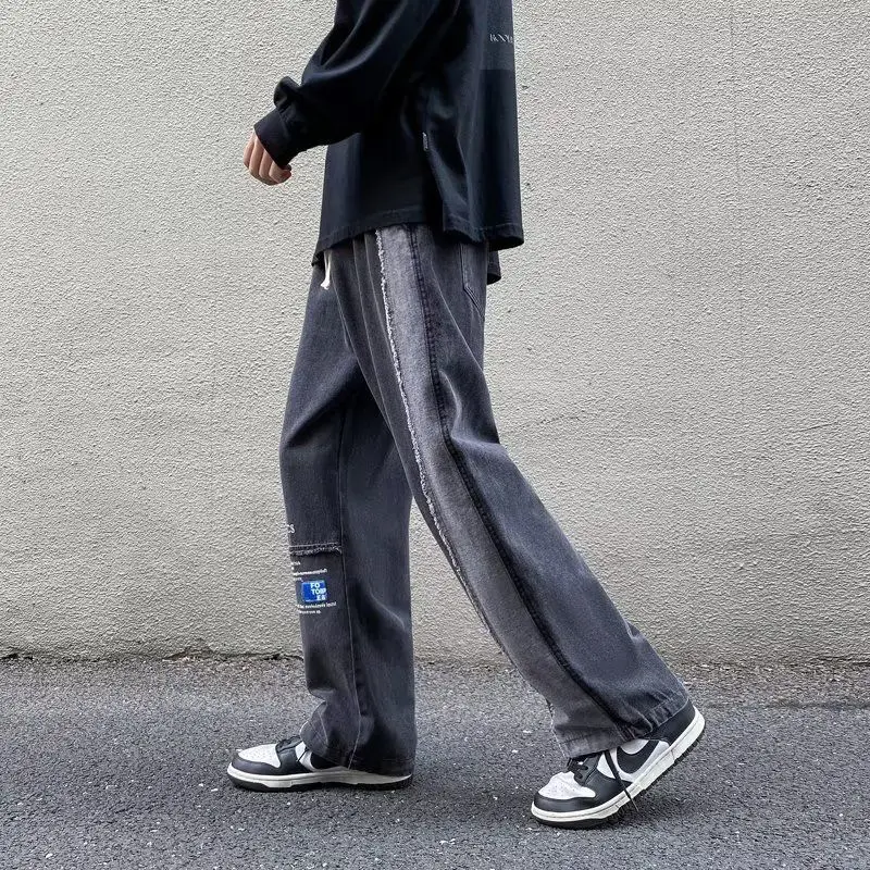 American Retro Harem Denim Pants Men Spliced Frayed Distressed Patalon Men's Clothing Handsome Trend Winter Autumn Cityboy Pants