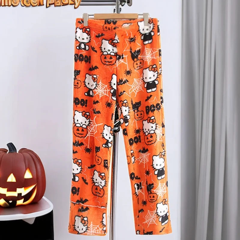 

New Sanrio Halloween Hello Kitty Flannel Pajamas Pink Women'S Warm Woolen Cartoon Casual Home Pants In Autumn Winter Trousers
