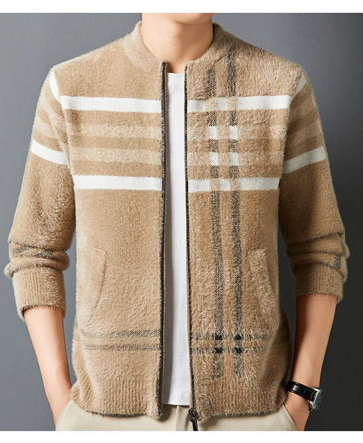 Herren-Strickjacke mit flauschigem Karomuster, Reißverschluss, lässig, Stehkragen, Pulloverjacke mit Vordertaschen, weicher Fleece-ähnlicher Stoff für den Winter – Detail 3
