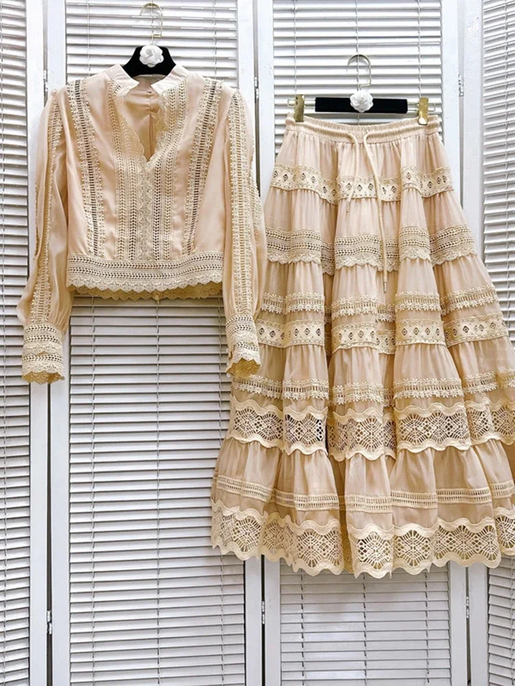 Solid Embroidery Ruffled Set for Women Long Sleeve Stand Collar Top High Waist Skirts Sets Female Spring 2024 New 3WQ9865