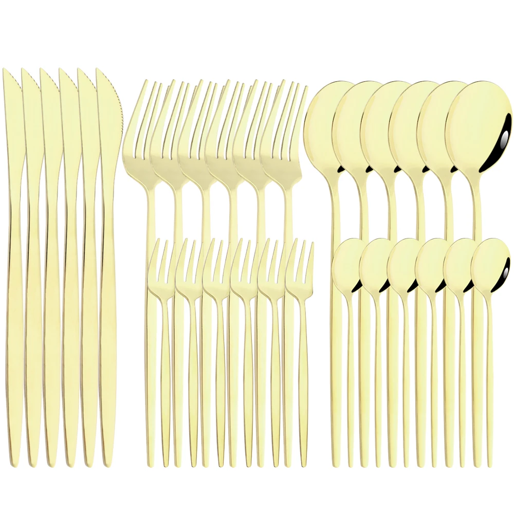 

Drmfiy Champagne 30Pcs Stainless Steel Dinnerware Set Dinner Knife Spoon Cake Fork Cutlery Set Kitchen Tableware Flatware Sets