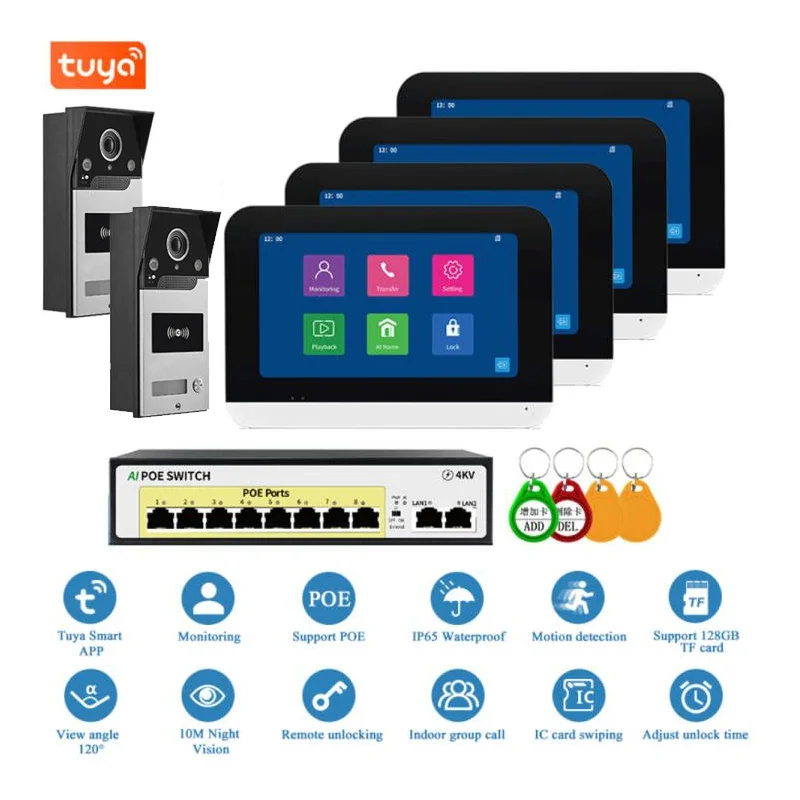 Tuya Smart App Wifi Ip Videocitofono Nfc Unlock Building Door Phone System Switch Poe 7 "Hd Wifi Monitor Per Interni Kit Campanello Ip