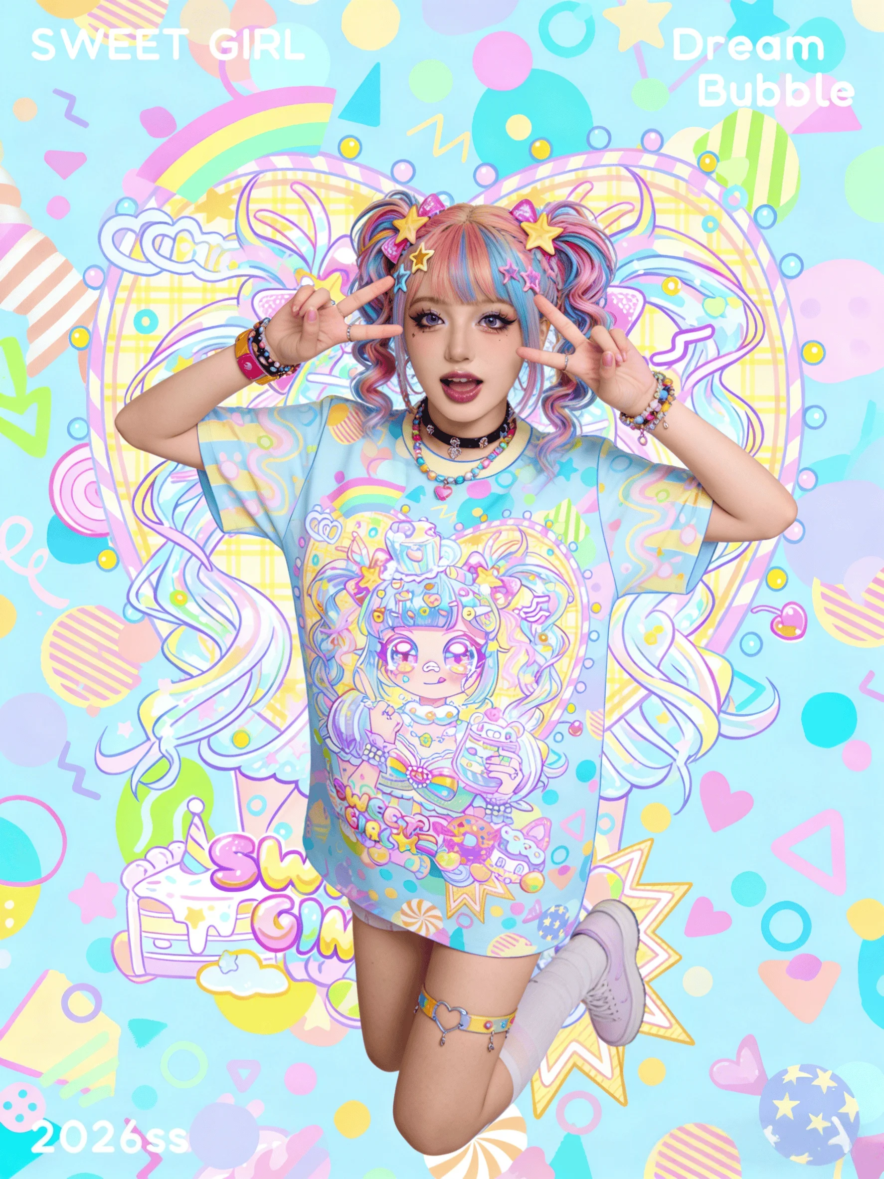 Sweet Girl Limited Edition Macaron Colorful Candy Contrast Full Print T-Shirt Y2k Sommer-Harajuku-Stil für Kinder/Erwachsene, übergroß