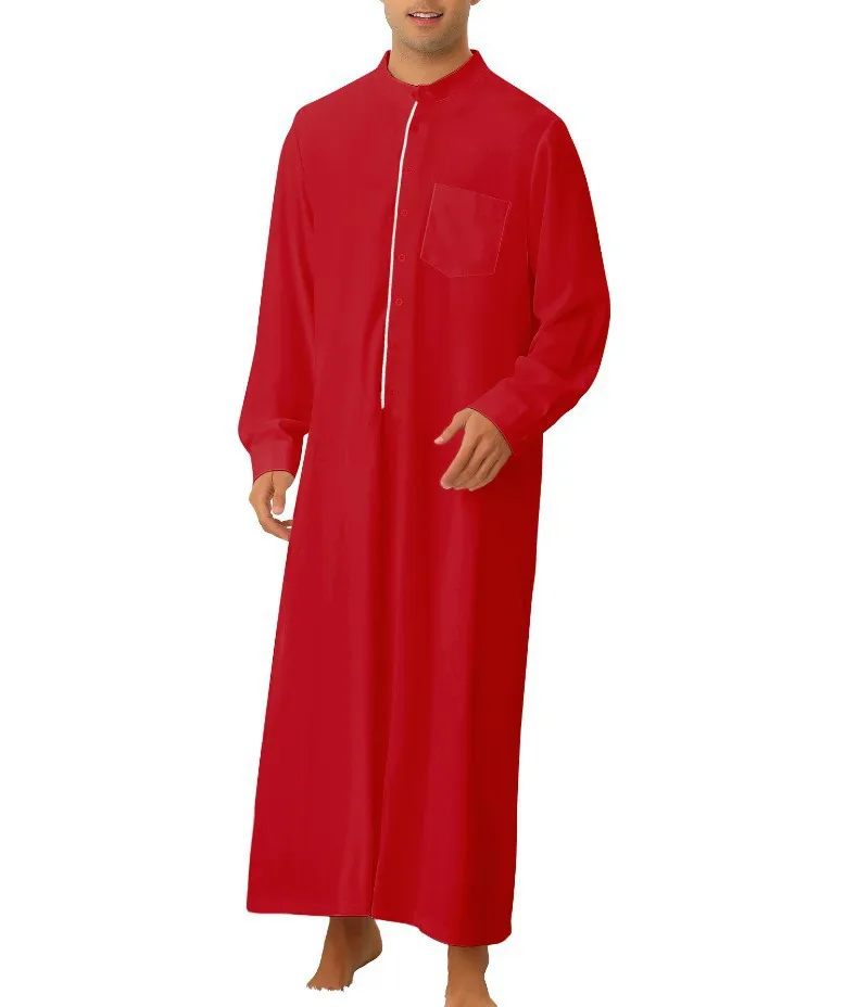 Islam Muslim Arabic Djellaba Galabia Thobes Men Abaya Print Qamis Kameez V-Neck Colored Blocked Long Sleeves Saudi Clothing