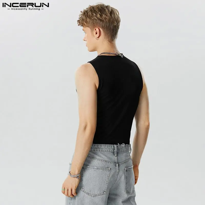 INCERUN Sexy Fashion Style New Men's Homewear Jumpsuits Casual Fashion Male Flash Lace Cross Sleeveless Triangle Bodysuits S-5XL