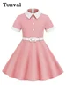 Tonval Turn Down Collar Button Front Vintage Childrenswear Short Sleeve Belted A-Line Kids Bridesmaid Dresses for Girls 1