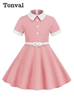 Tonval Turn Down Collar Button Front Vintage Childrenswear Short Sleeve Belted A-Line Kids Bridesmaid Dresses for Girls 1