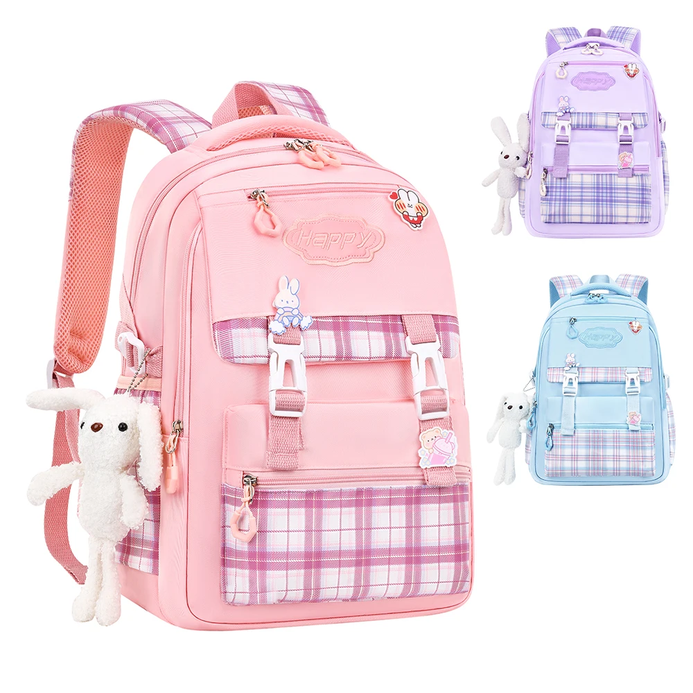 

2023 New Foldable Girls School Backpack With Luggage Belt Light Weigh Plaid Nylon Backpack for Children High School Mochila