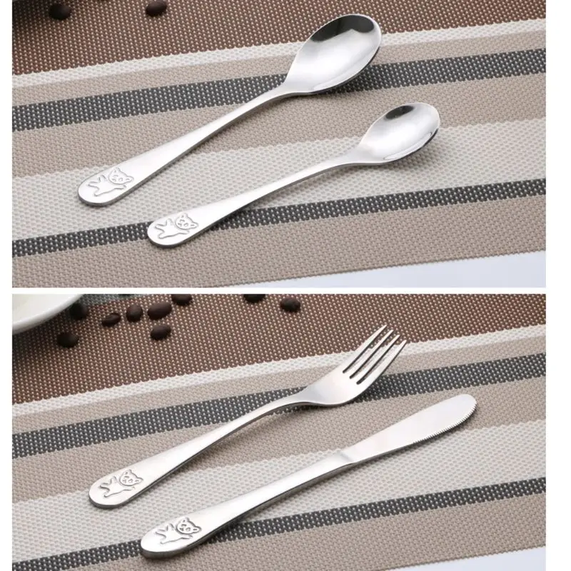 Baby Tableware Set 4 Pcs/set Baby Teaspoon Spoon Food Feeding Fork Knife Utensils Stainless Steel