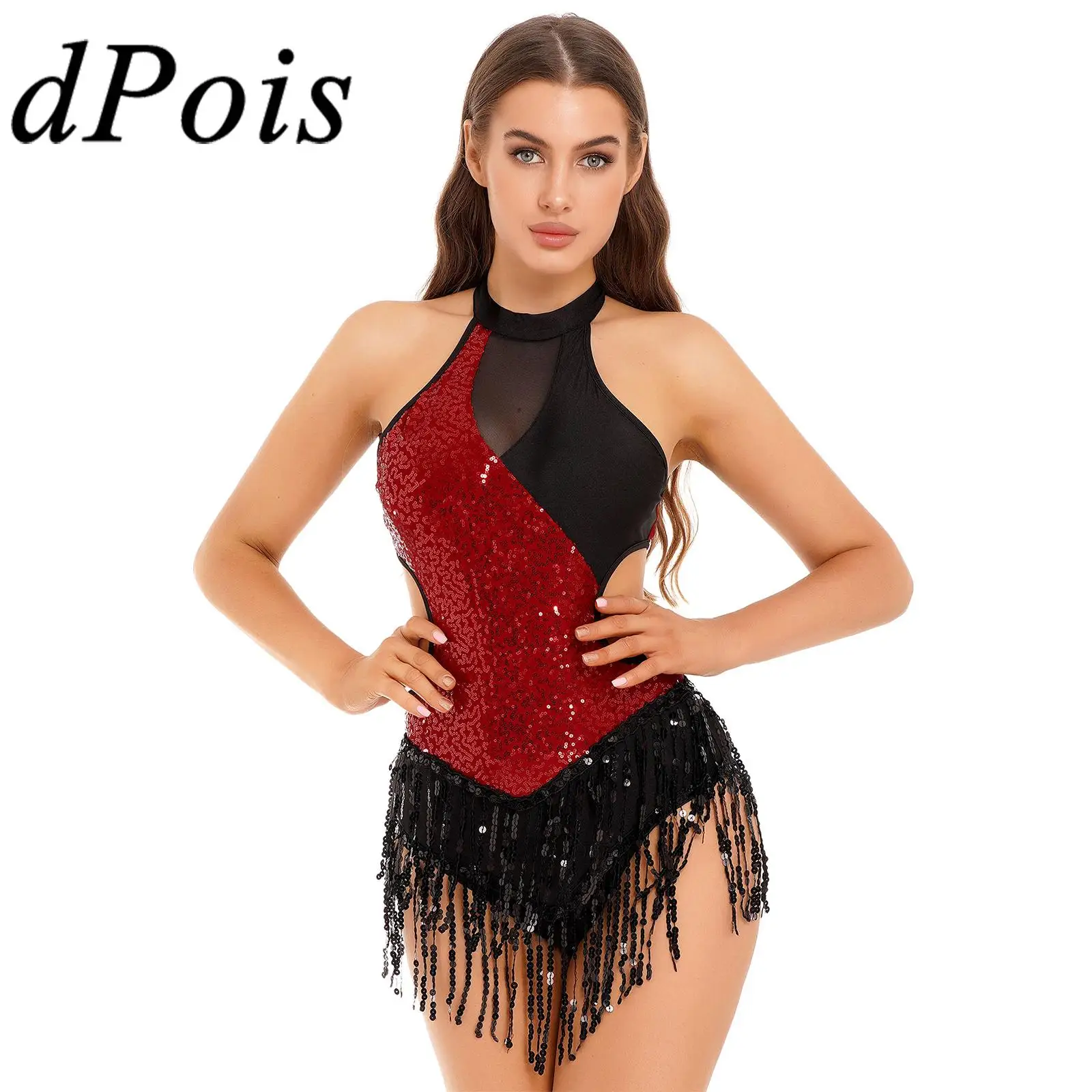 

Women Fringed Latin Dance Costume Shiny Sequins Tassel Leotard Dresses for Dancing Competition Samba Tango Performance Jumpsuit