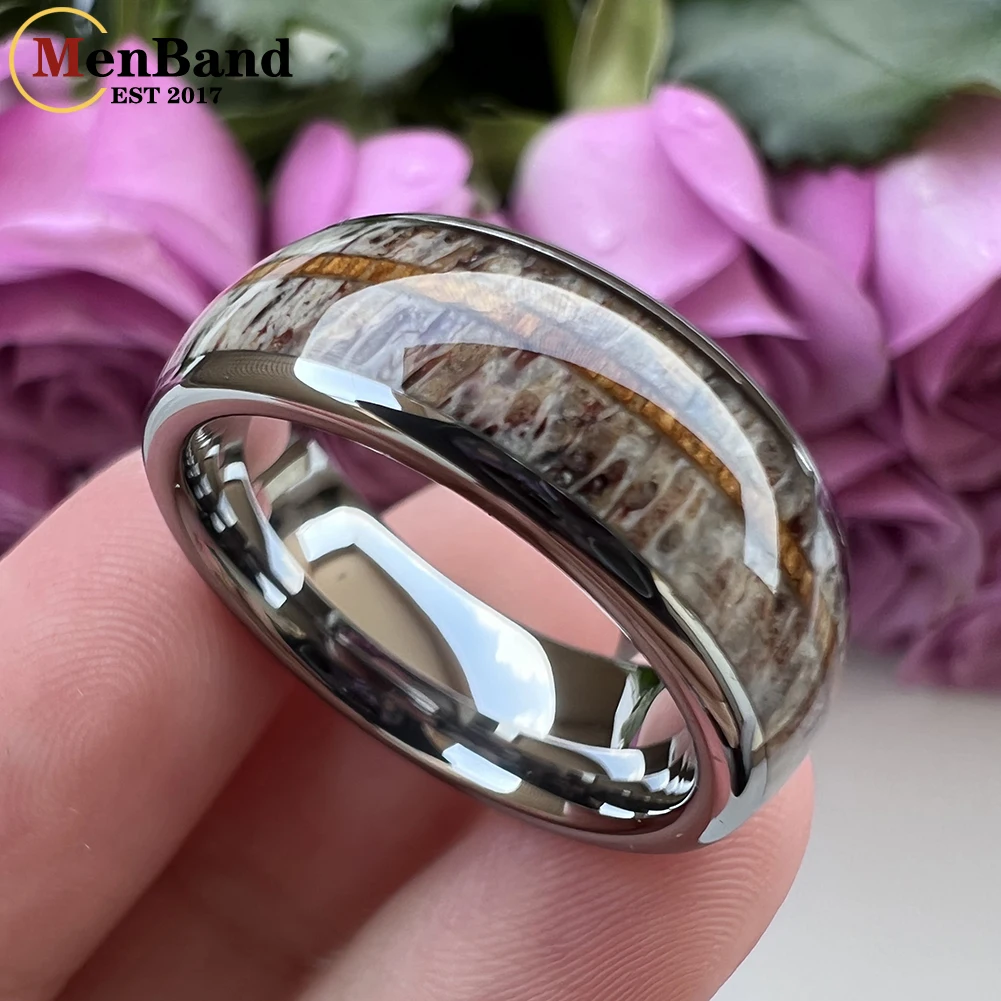 MenBand Fashion 8MM Men Women Black Tungsten Carbide Wedding Ring Deer Antler And Cherry Wood Inlay Dome Polishing Comfort Fit