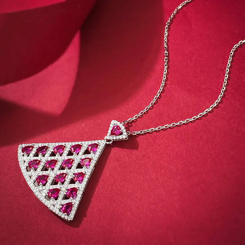 2023 New S925 Silver Necklace Dove Blood Red Fan shaped Necklace Pendant Designed by Female Minority in Fashion