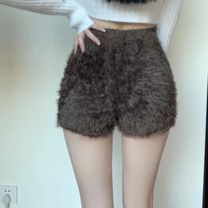 Plush Shorts Women's Winter Solid Color Seahorse Hair High Elastic Knit Leggings High Waist Thick Warm Shorts