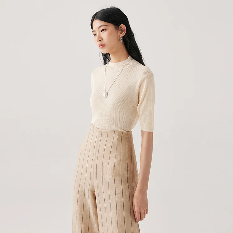 

Acetate silk Blended T-shirt Women's Half turtleneck Knitted Short Sleeve tees Spring/Summer 2023 New Silk t-shirt Women FL3175
