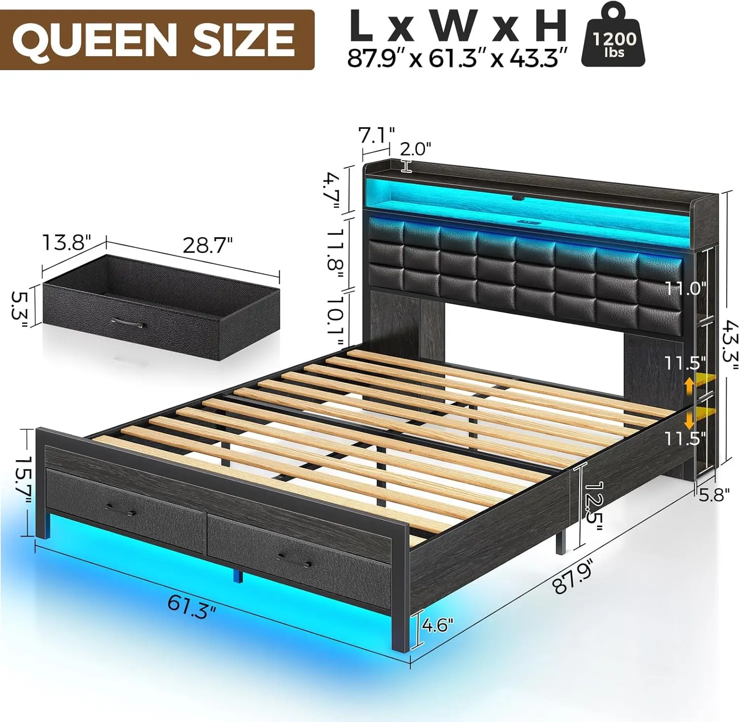 Bed Frame Queen Size with Storage Headboard and 2 Drawers, Upholstered Platform Bed with Charging Station and LED Light, Black 2