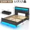 Bed Frame Queen Size with Storage Headboard and 2 Drawers, Upholstered Platform Bed with Charging Station and LED Light, Black 2