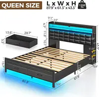 Bed Frame Queen Size with Storage Headboard and 2 Drawers, Upholstered Platform Bed with Charging Station and LED Light, Black 2