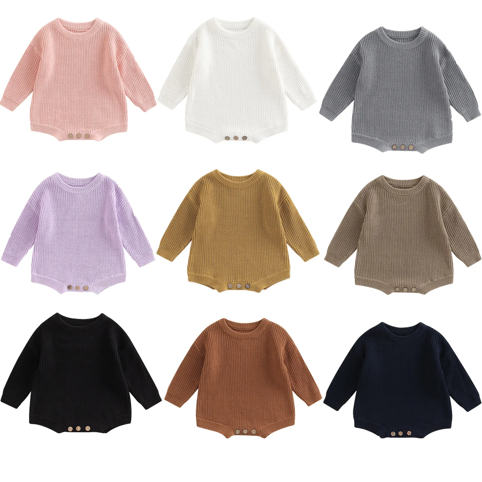 NewbornBabySweaterRomperKnittingRibbedSurfaceRoundNeckLongSleeveSolidColorCrotch