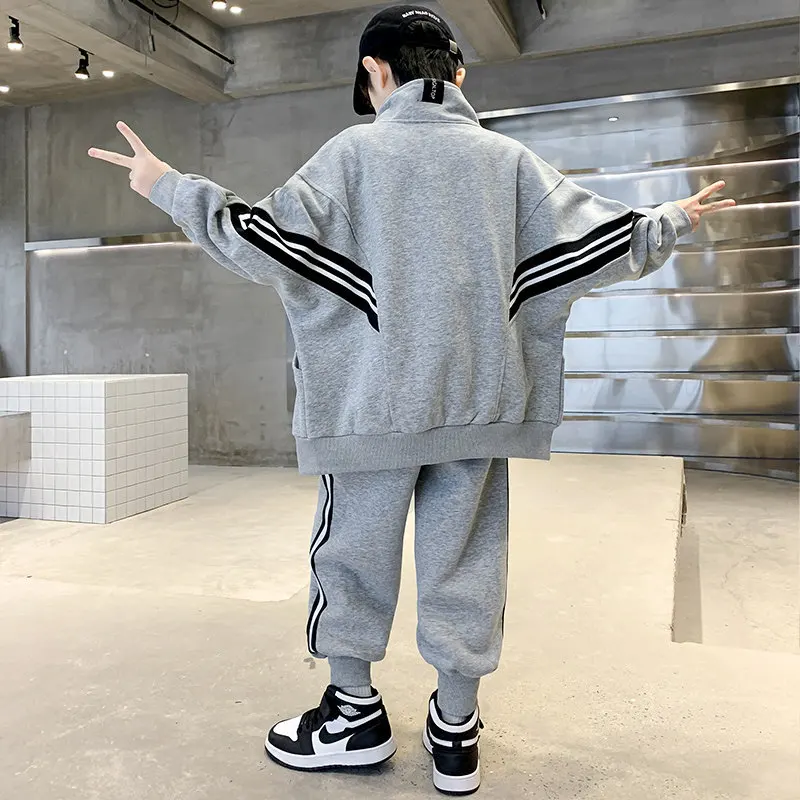 Teen Boys Clothing Set Kids Tracksuit Black Grey Cotton