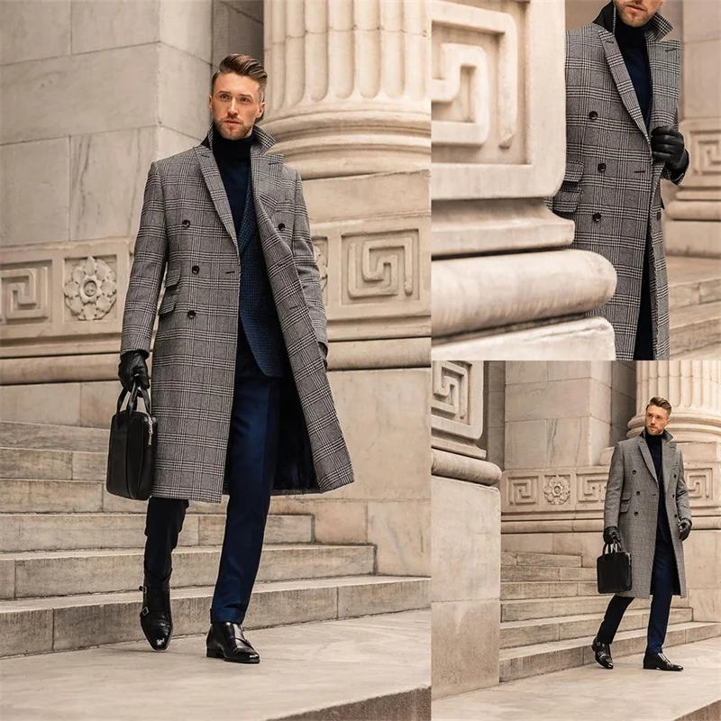 

Houndstooth Men Overcoat Thick Warm Long Coat Winter Formal Double Breasted England Style Custom Made Male Jacket Kingcoat