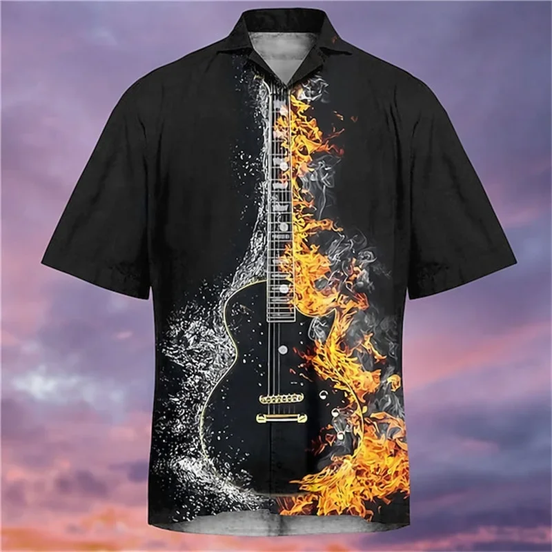 

Модная мужская гавайская рубашка, модель музыкальной гитары, объемная рубашка, кубинский кулер, Повседневная рубашка для отдыха на море