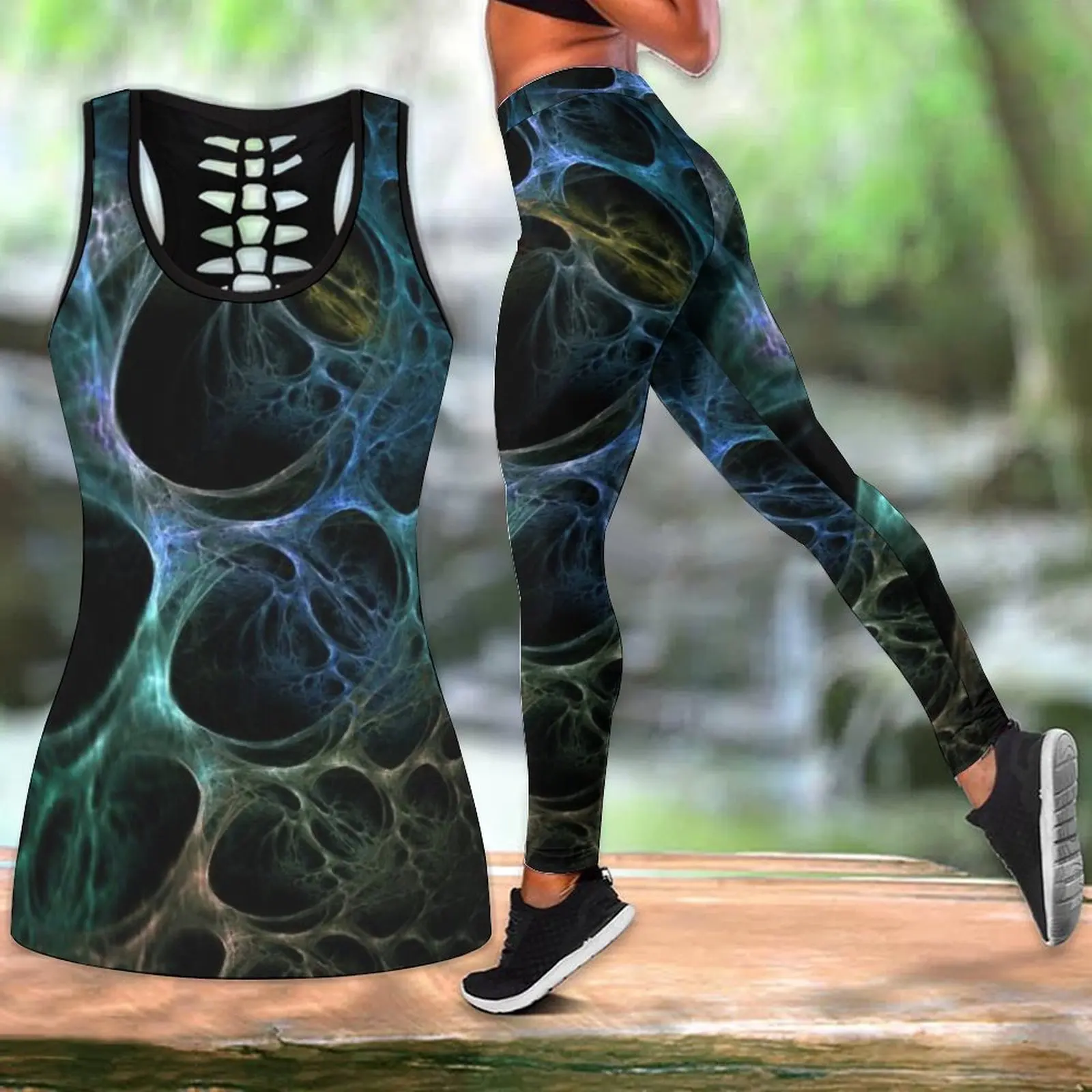 

Summer Fashion Women's Yoga Suit Smoke Colorful Oval Print Sleeveless Vest Tank Top Leggings Sportswear Yoga Set XS-8XL