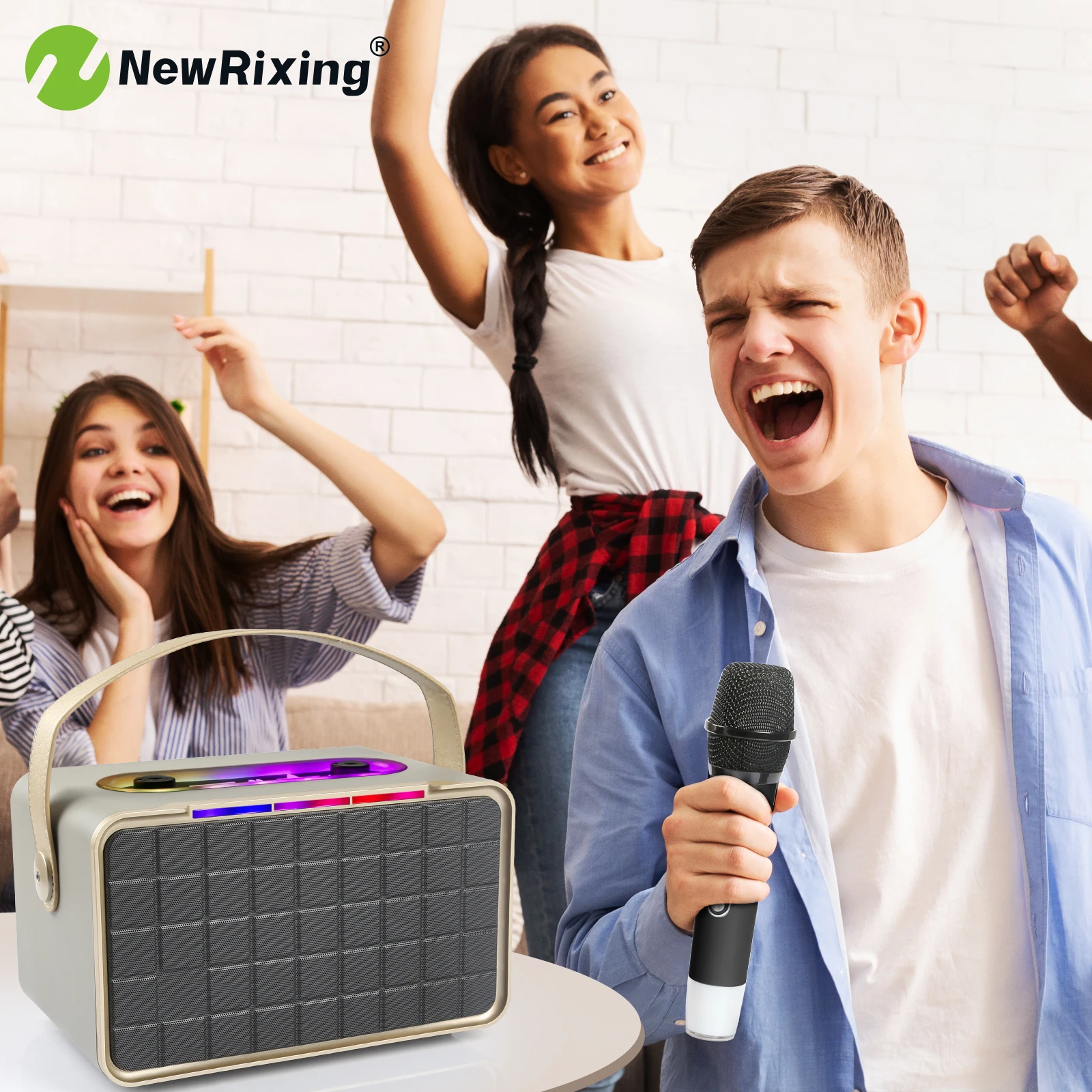 NewRixing Wireless Karaoke Machine with 2 mics,Portable wireless speaker with 2 mics,40W,RGB lights,Support BT/AUX/TF/USB