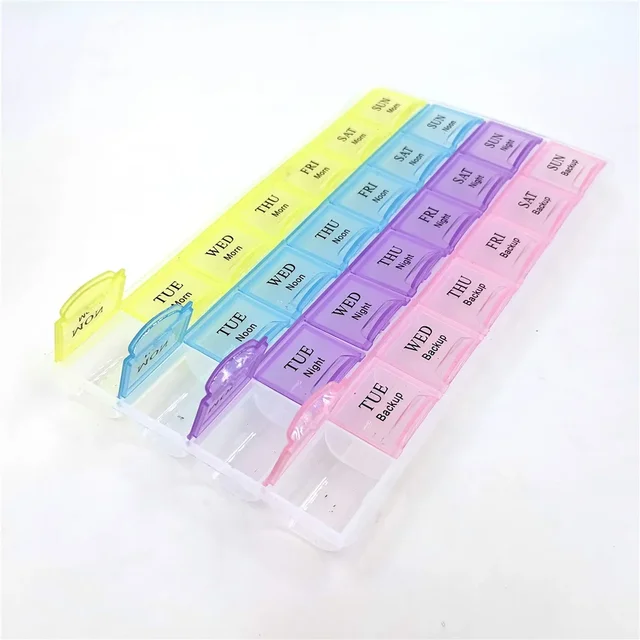 1 pièces 4 rangées 28 carrés/3 rangées 21 grilles/2 rangées 14 grilles hebdomadaires 7 jours tablette pilule support de la boîte médicaments stockage organisateur conteneur étui 2