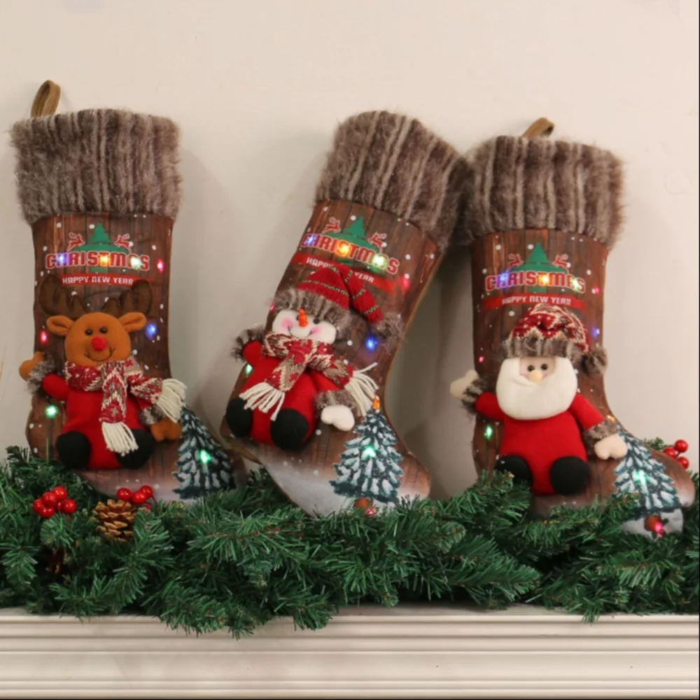 

Polyester Material Christmas Socks with Colored Lights Snowman Design Christmas Pendant Large Capacity Elk Pattern Gift Bag
