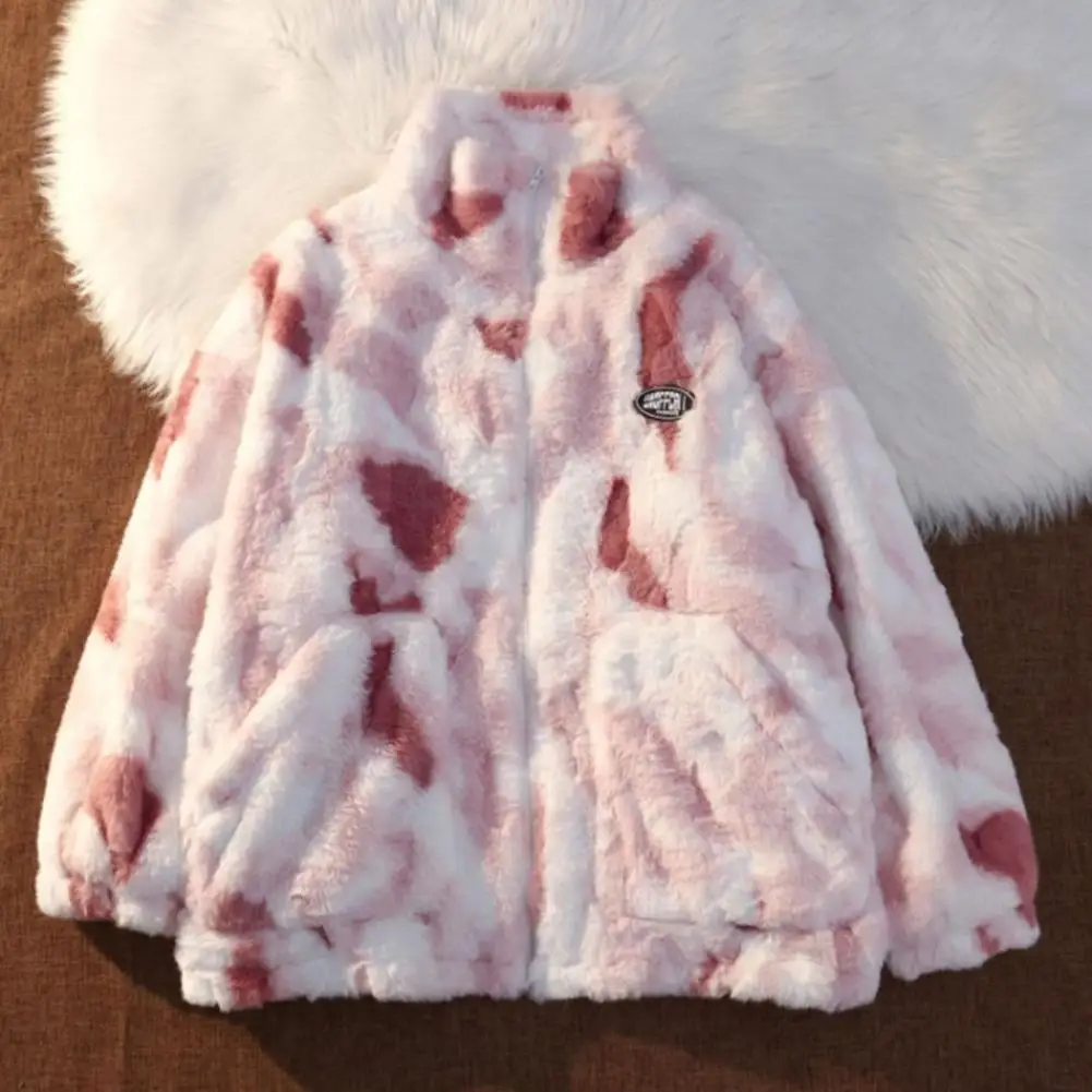 

Women Winter Coat Color Matching Tie-dye Lady Jacket Thickened Plush Stand Collar Outerwear Neck Protection Faux Lambswool Coat