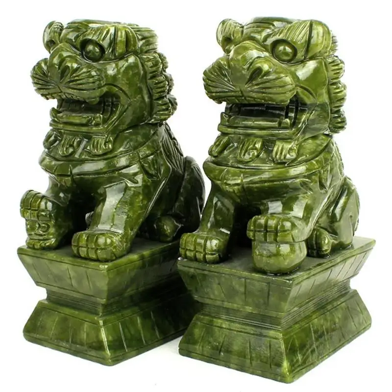 1 Pair China Green Jade Carved Fengshui Foo Fu Dog Guard Door Lion Office Decor