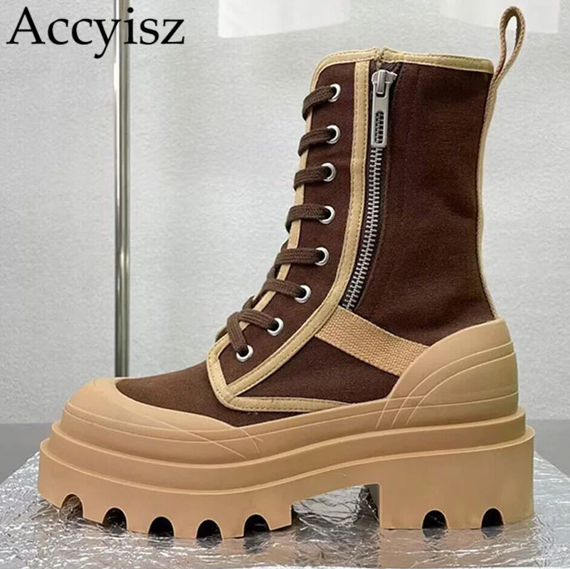 

Thick Sole Mix Color Casual Boots Air Mesh Lacing Ankle Boots Spring Autumn Zipper Decoration Horse Heel Mid Sleeve Boots Unisex