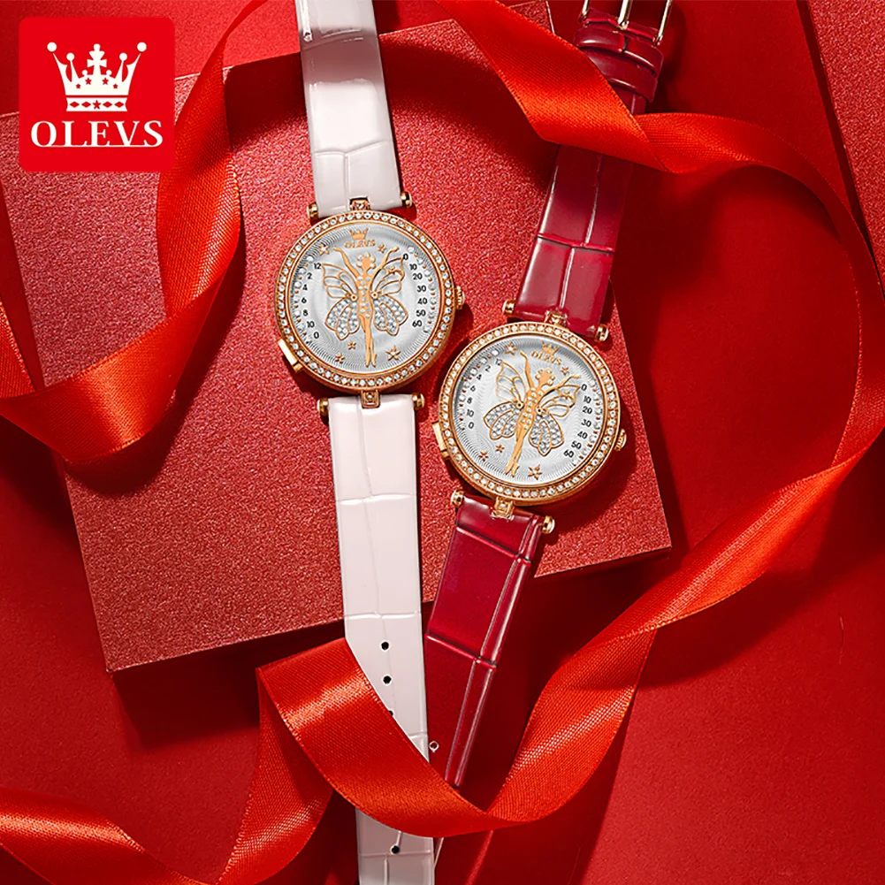 OLEVS Original Quartz Watch for Women Leather Strap Diamond Butterfly Dial Waterproof Elegant Women's Wristwatches Reloj Mujer